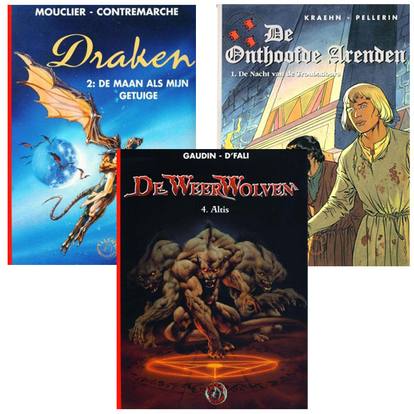 Dit strippakket bevat: Draken - De maan als mijn getuige De Onthoofde Arenden - De nacht van de troubadours De Weerwolven - Altis 2) Frankrijk in de dertiende eeuw. Lodewijk IX regeert, maar baronnen, graven en andere edelen twisten om de plaatselijke macht. Twee zwervers duiken schijnbaar uit het niets op. Sigwald, 'koppensneller', en de charmante Hugo. Twee berooide potsenmakers, zoals er wel meer zijn. Of toch niet? Voor troubadours kunnen ze wel erg goed overweg met wapens. Hugo zou in werkelijkheid de zoon en enige erfgenaam zijn van Heer Renaud, die lafhartig werd vermoord in het Heilig Land om zijn grond en titels in te pikken. Duikt de ware rechthebbende nu toch op? En als hij ook nog eens verliefd wordt op de mooie Alix, de dochter van de bedrieger die op zijn plaats zit...... 3) Tanaris ... Je bent op zoek, of vergis ik me? Op zoek naar duidelijkheid over wat zich heeft afgespeeld, op zoek naar een teken, op zoek naar een reden om dit alles te overleven ...